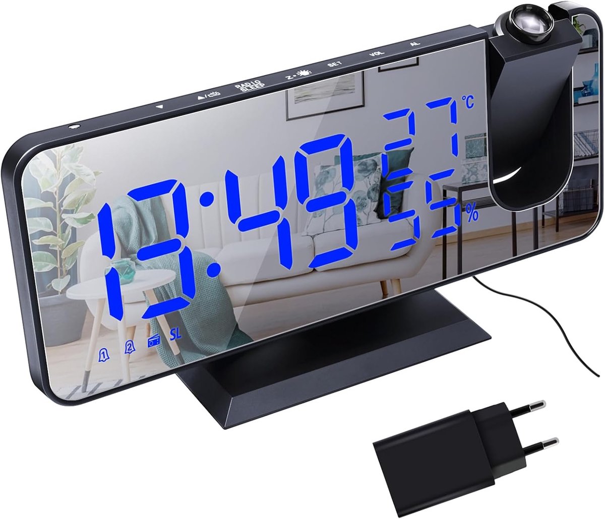 Projectiewekker met Radio - Digitale Bedside Klok - Temperatuur en Vochtigheid Weergave - Verstelbare Projectie - ShopVlot