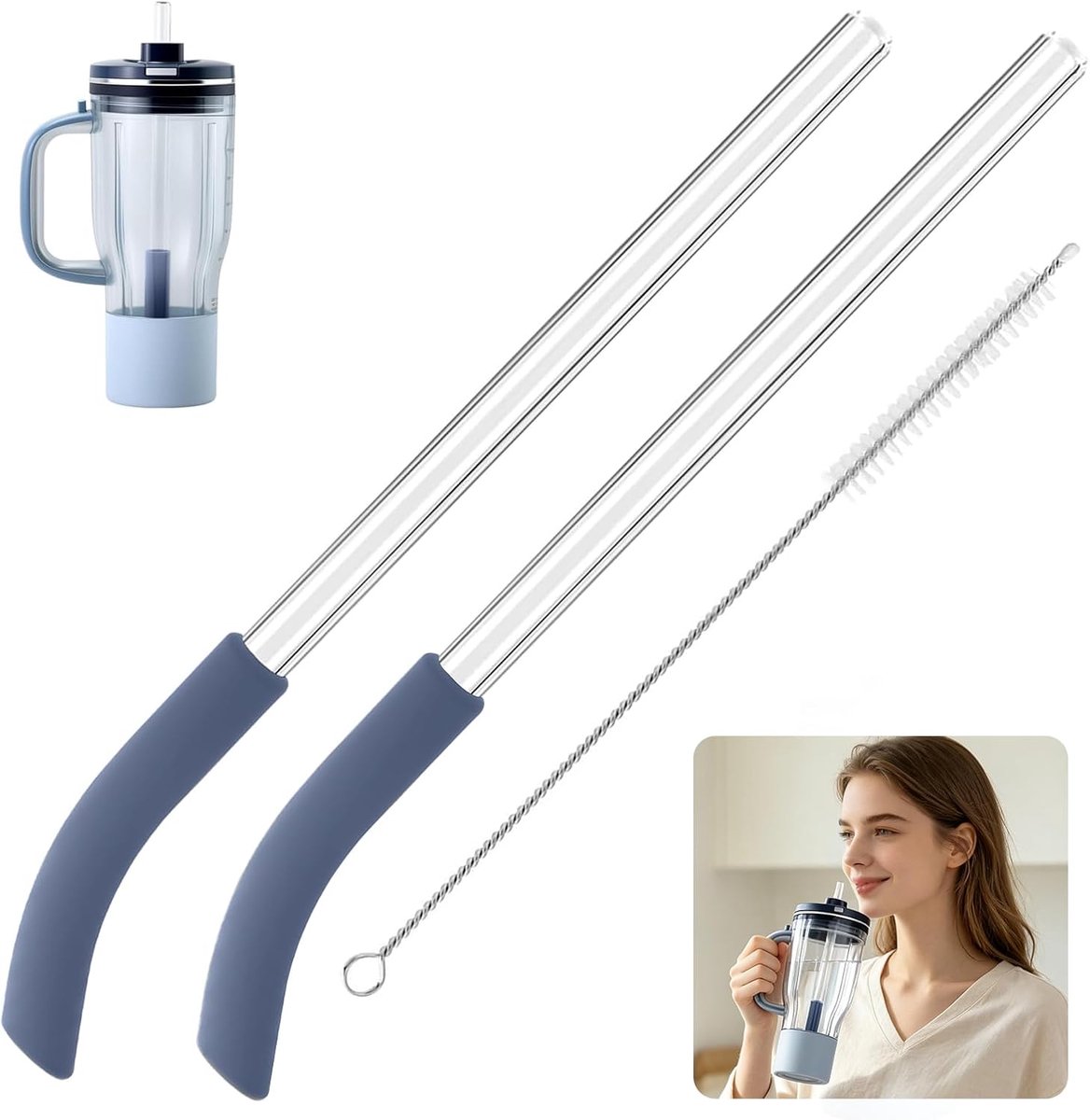 Set van 2 vervangende rietjes - donkerblauw - inclusief reinigingsborstel - perfect voor Ninja BlendBoss - ShopVlot