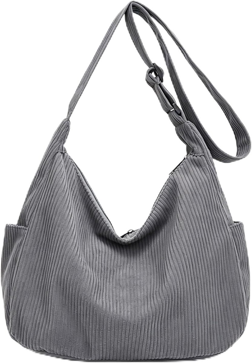 Crossbody tas dames cord - grijs corduroy - verstelbare schouderriem - ideaal voor winkelen - ShopVlot