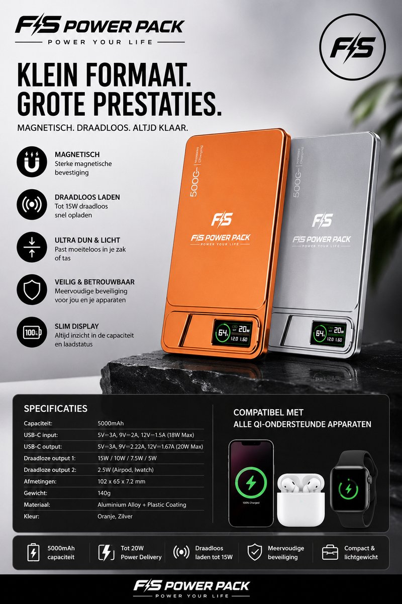 Ultra Slank Aluminium Magnetische Draadloze Powerbank 5000mAh / 10000mAh –Snellader-Fast Charging, Led Display, Portable, Ultra Slim 22.5W Snelladen – 15W MagSafe Draadloos – FS Power Pack Aluminium – Telefoonstandaard – LED Display – Oranje/Zilver — cadeau in Elektronica - foto 3