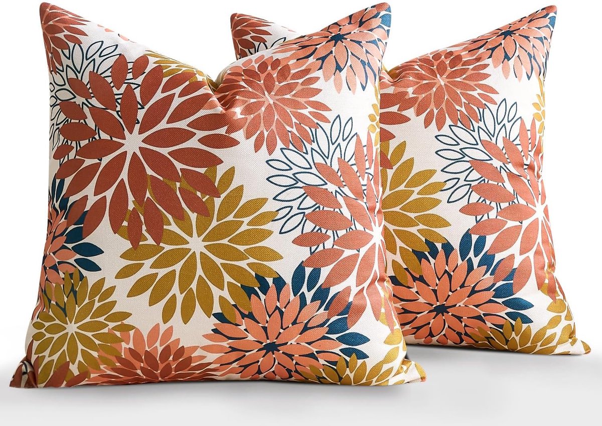Kussenhoezen set van 2 40x40cm - oranje en geel - decoratief bloemmotief - modern voor woonkamer - ShopVlot
