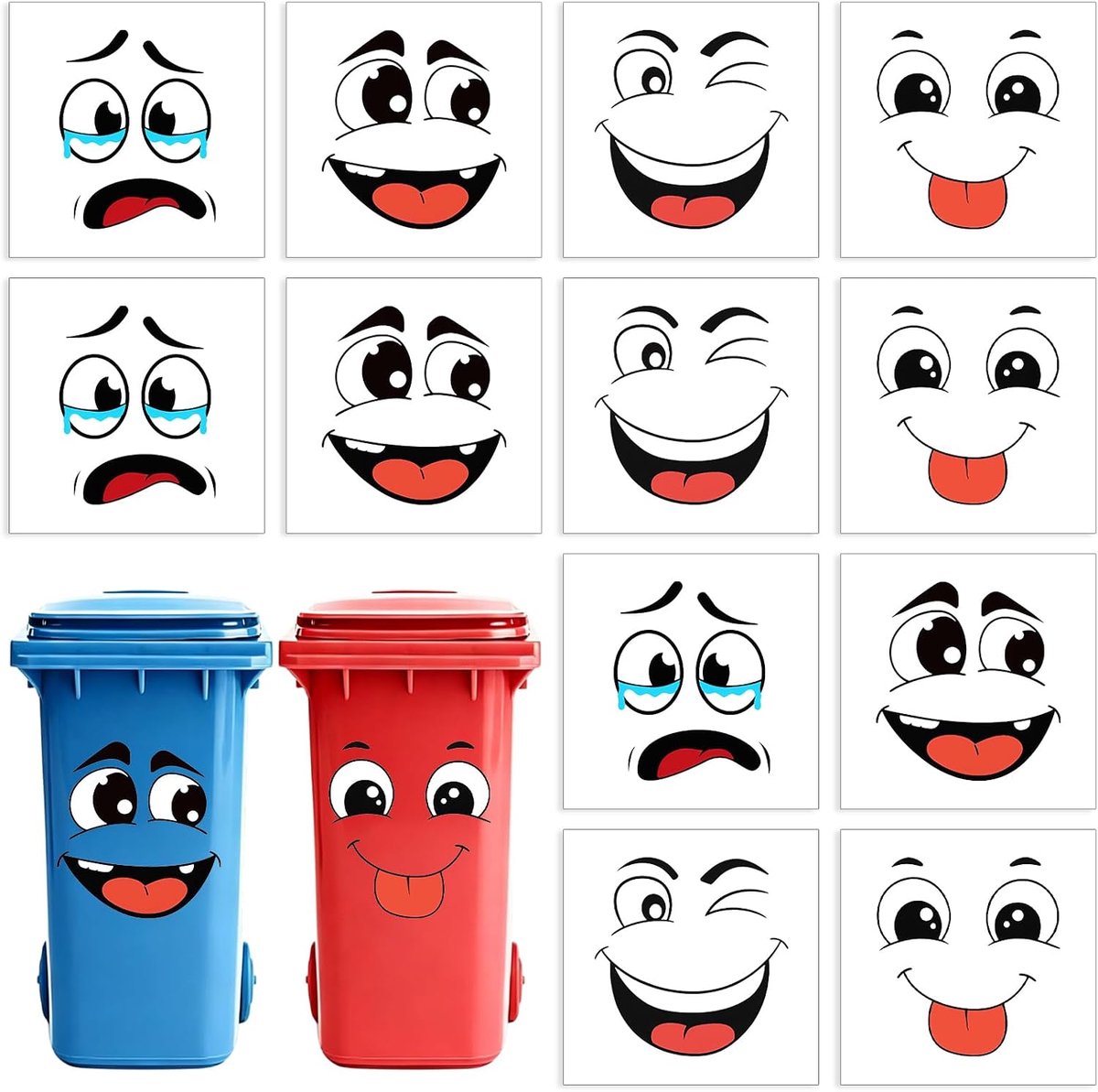 Vuilniscontainerstickers 12 vellen - cartoonstickers - grappige gezichtsuitdrukkingen - vrolijke decoratie voor buiten - ShopVlot