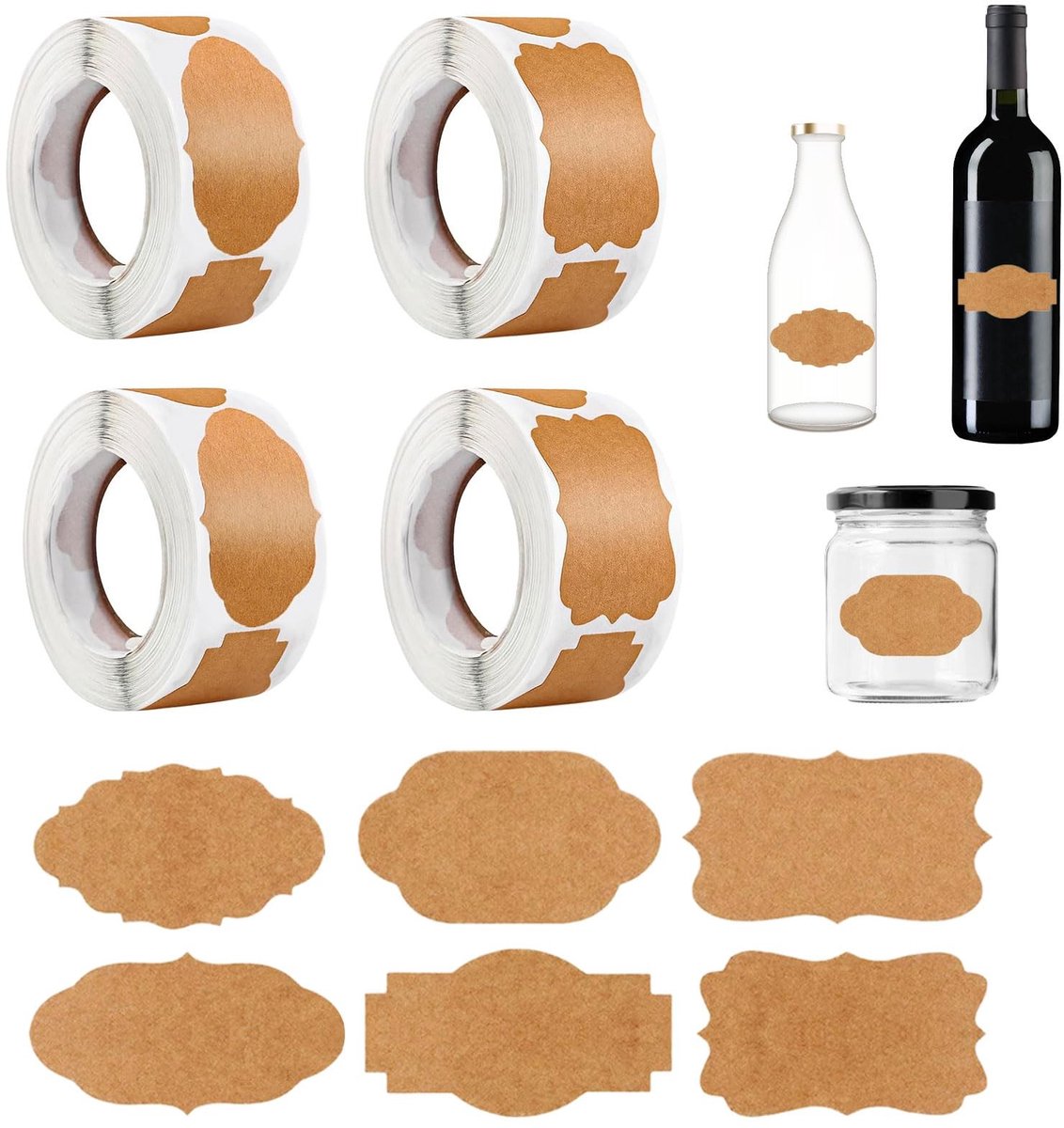 Kraft Etiketten Stickers - Kraftpapier - Zelfklevend - Diverse Vormen - Voor Cadeaus en Organisatie