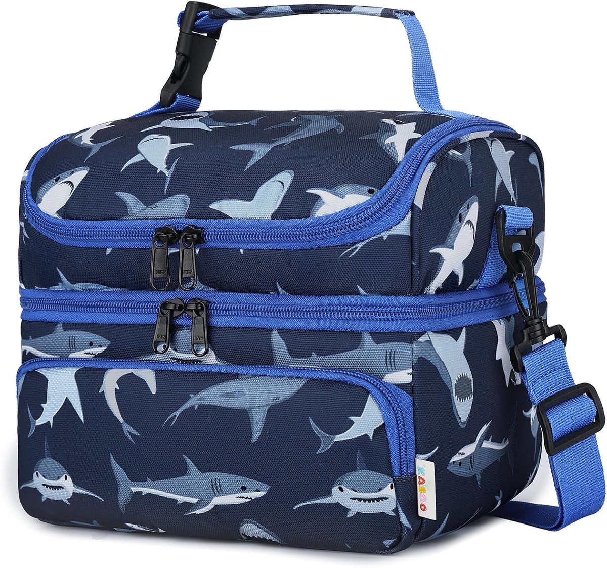Kinderen geïsoleerde lunchtas 7,5L - 2-laags navy blauwe haai - waterdicht - ideaal voor school of picknick - ShopVlot