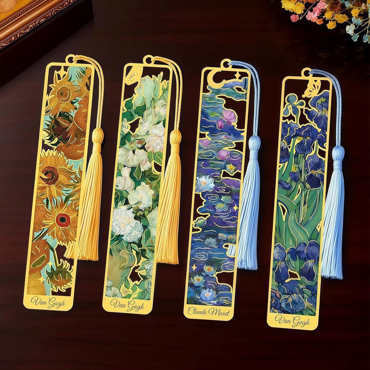 Persoonlijke metalen boekenleggers met kwastje, Van Gogh en Monet motieven, schattige leesaccessoires voor boekenliefhebbers, perfect cadeau voor vrouwen en lezers