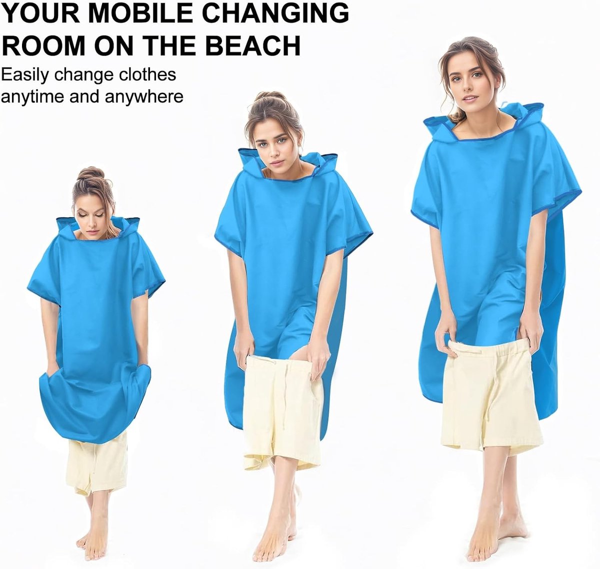 Unisex Microvezel Poncho Handdoek met Kap, Ideaal voor Strand en Surfen, Lange Verandertool in Hemelsblauw