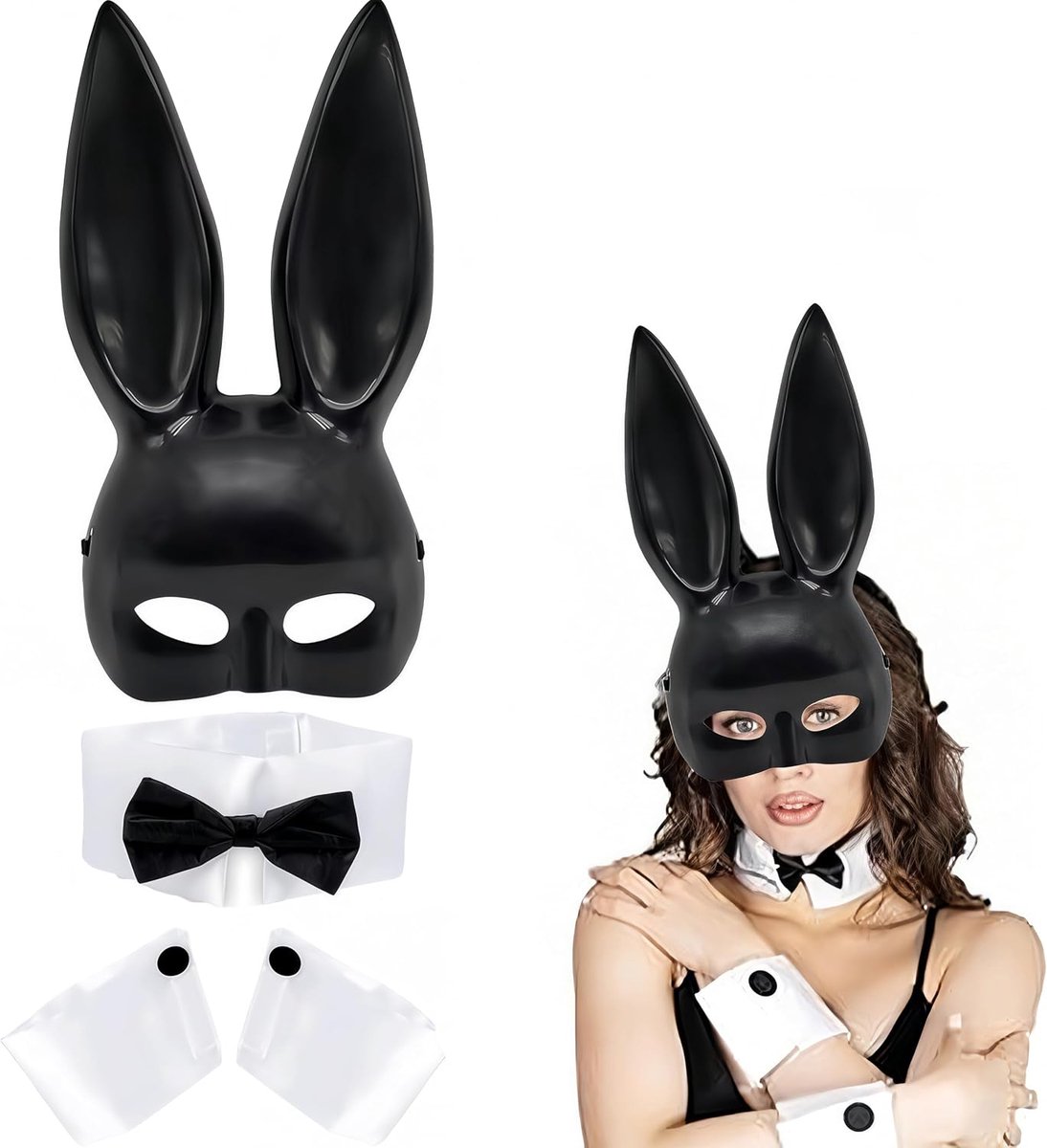 6 Piece Rabbit Costume Set for Women, Bunny Costume, Cosplay Costume with Rabbit Mask, Tail, Bow Tie, 2 Cuffs, Bunny - ShopVlot