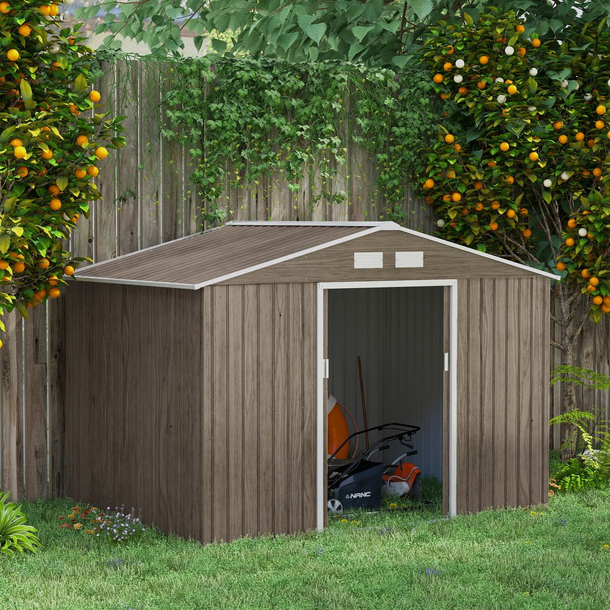 Zubaliya Gereedschapsschuur van staal – schuifdeuren en lessenaarsdak – 277 x 195 x 192 cm – Bruin