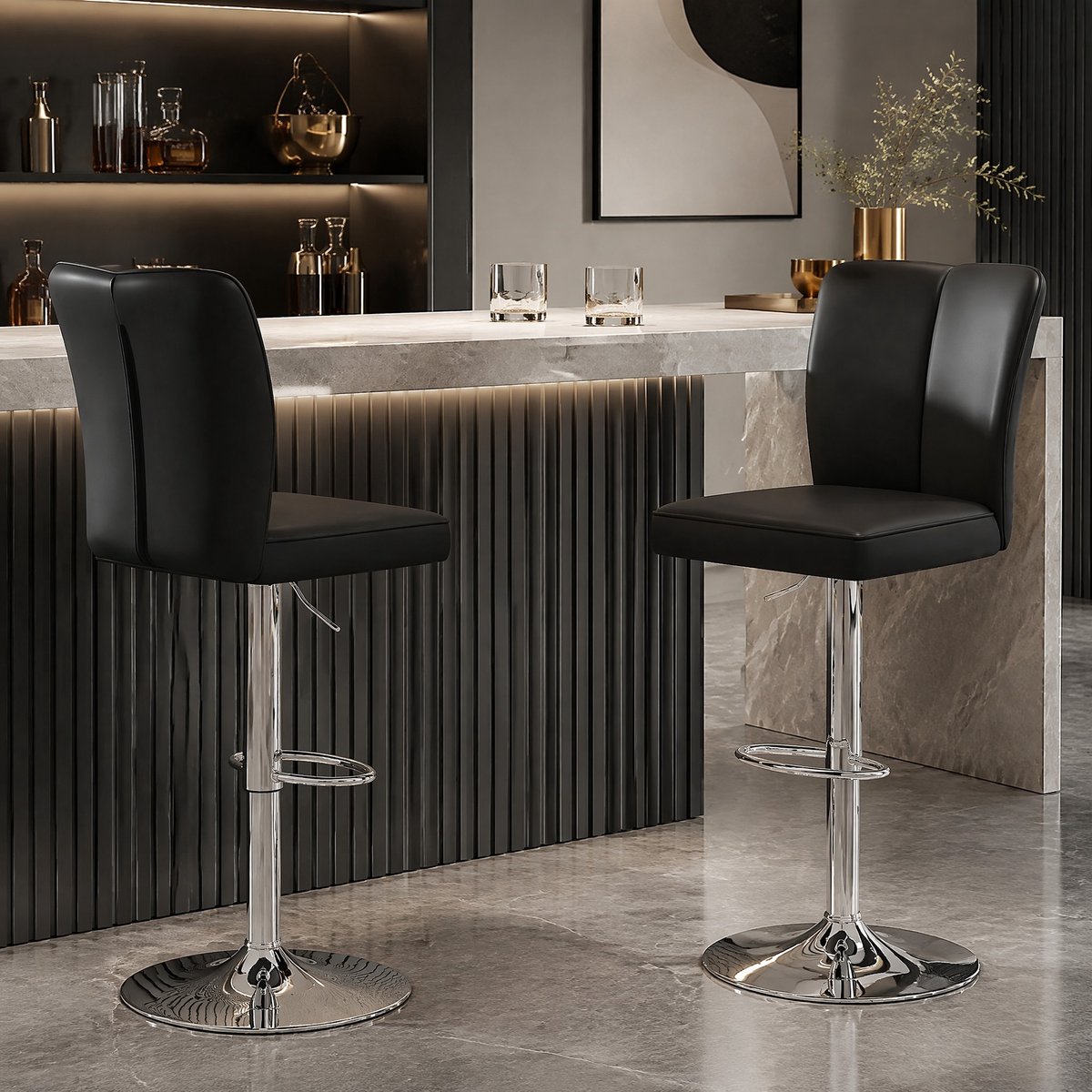 COVREO Barkruk set van 2, 44,5 cm zwart zilver, kunstleer, 360 graden draaibaar