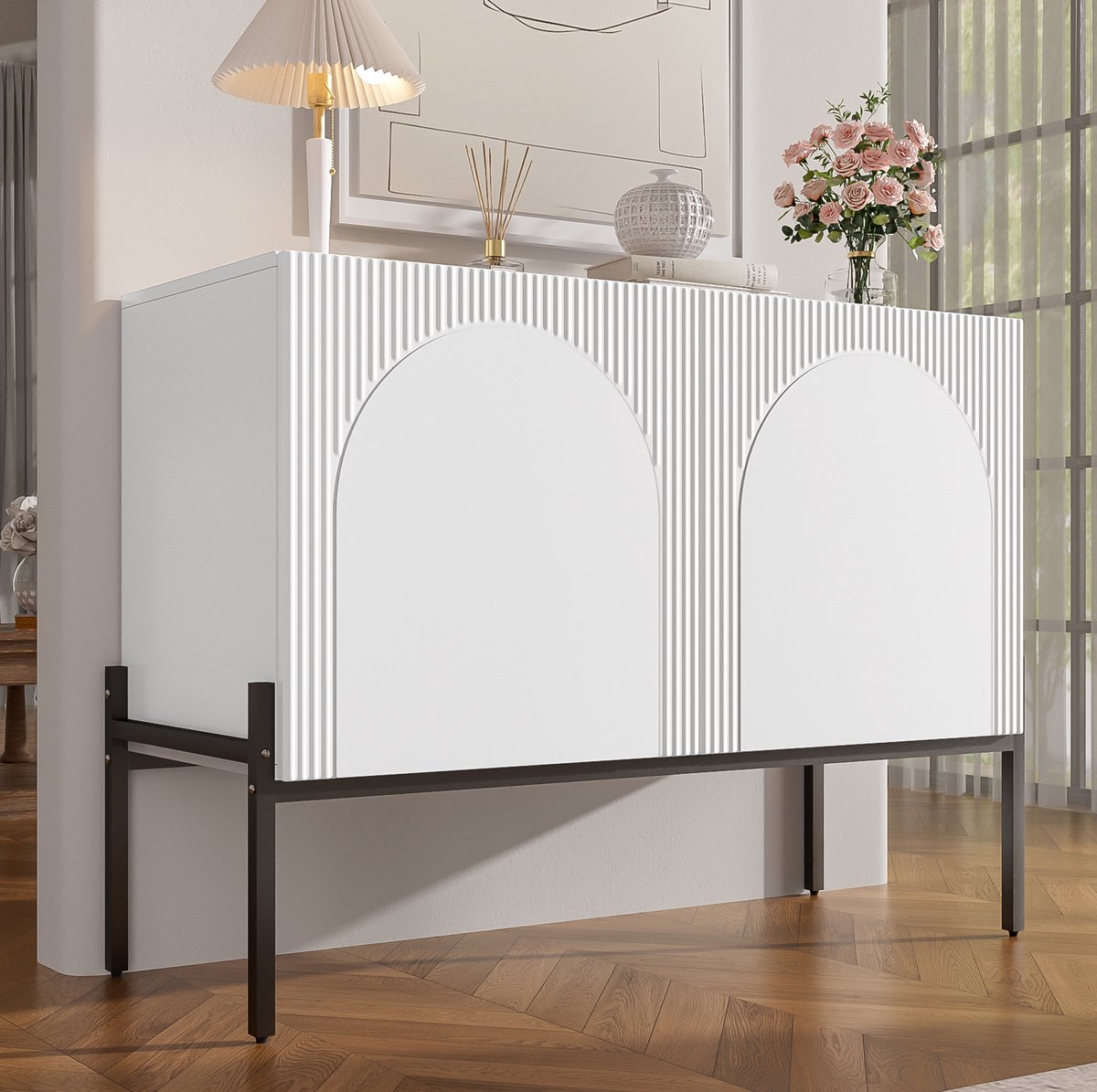 DESMIU Dressoir - Modern Minimalistisch Boogdesign Met 2 Deuren - Voor Woonkamer En Eetkamer - Spaanplaat - Wit - 100x40x75 Cm