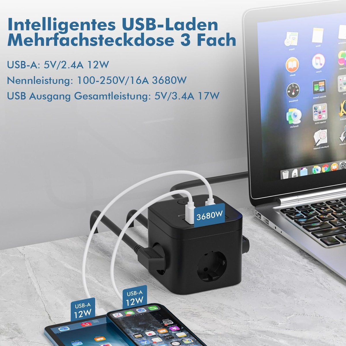Solidchoice - Stekkerdoos met USB, 7-in-1 met 2m Kabel