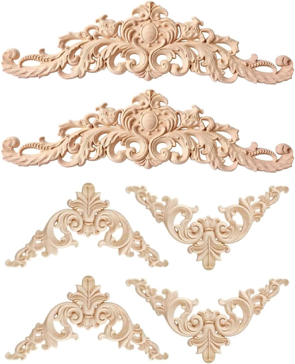 Houten ornamenten 6 stuks - decoratieve haken - gesneden applicaties - voor meubels en wanddecoratie - ShopVlot