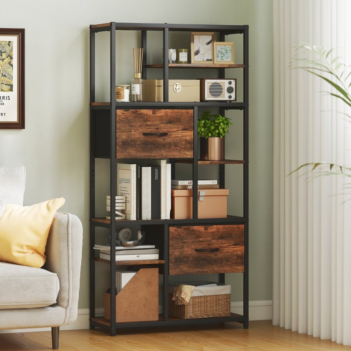 OKWISH Boekenkast – 9 Open Vakken En 2 Lades – 72,5 X 30 X 150 Cm – Hout En Metaal – Rustiek Bruin – Vrijstaande Opbergkast Voor Woonkamer En Kantoor