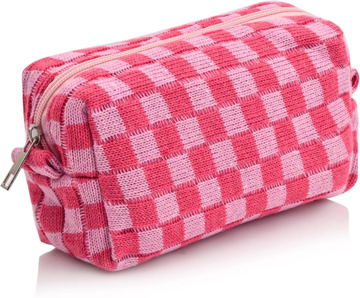 Make-up tas klein - roze - klassiek ruitpatroon - ideaal voor reizen - ShopVlot