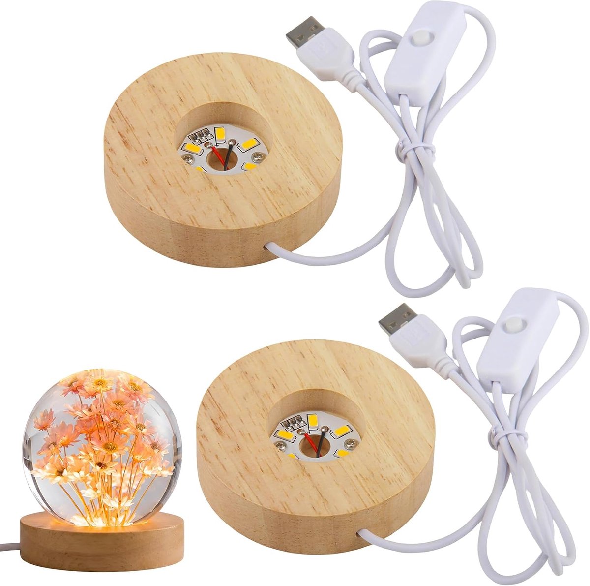 2 led-sokkels, hout, led-lichtsokkel, rond, warm licht - 8 cm lampvoet met schakelaar, voor glazen bol, kristallen - ShopVlot