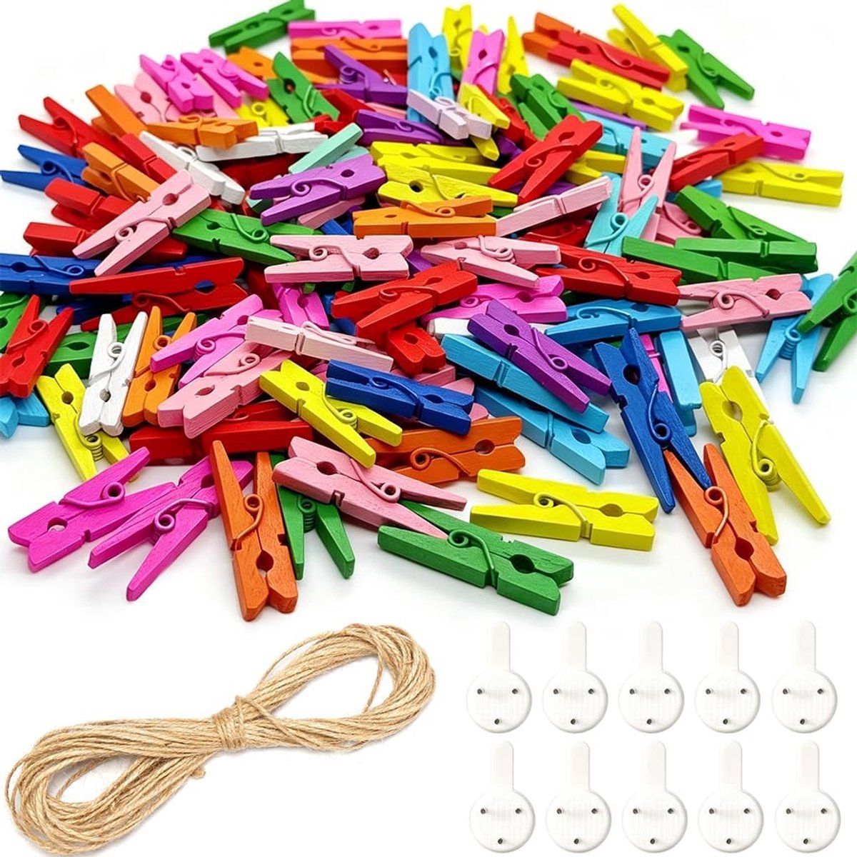 mini-wasknijpers 100 stuks - hout - met jute koord en wandspijkers - ideaal voor fotoshow - ShopVlot