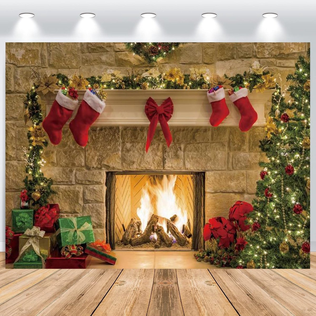Kerstachtergrond 3 x 2,5 m - vinyl - indoor muur met open haard - perfecte fotoachtergrond voor feestelijke momenten - ShopVlot