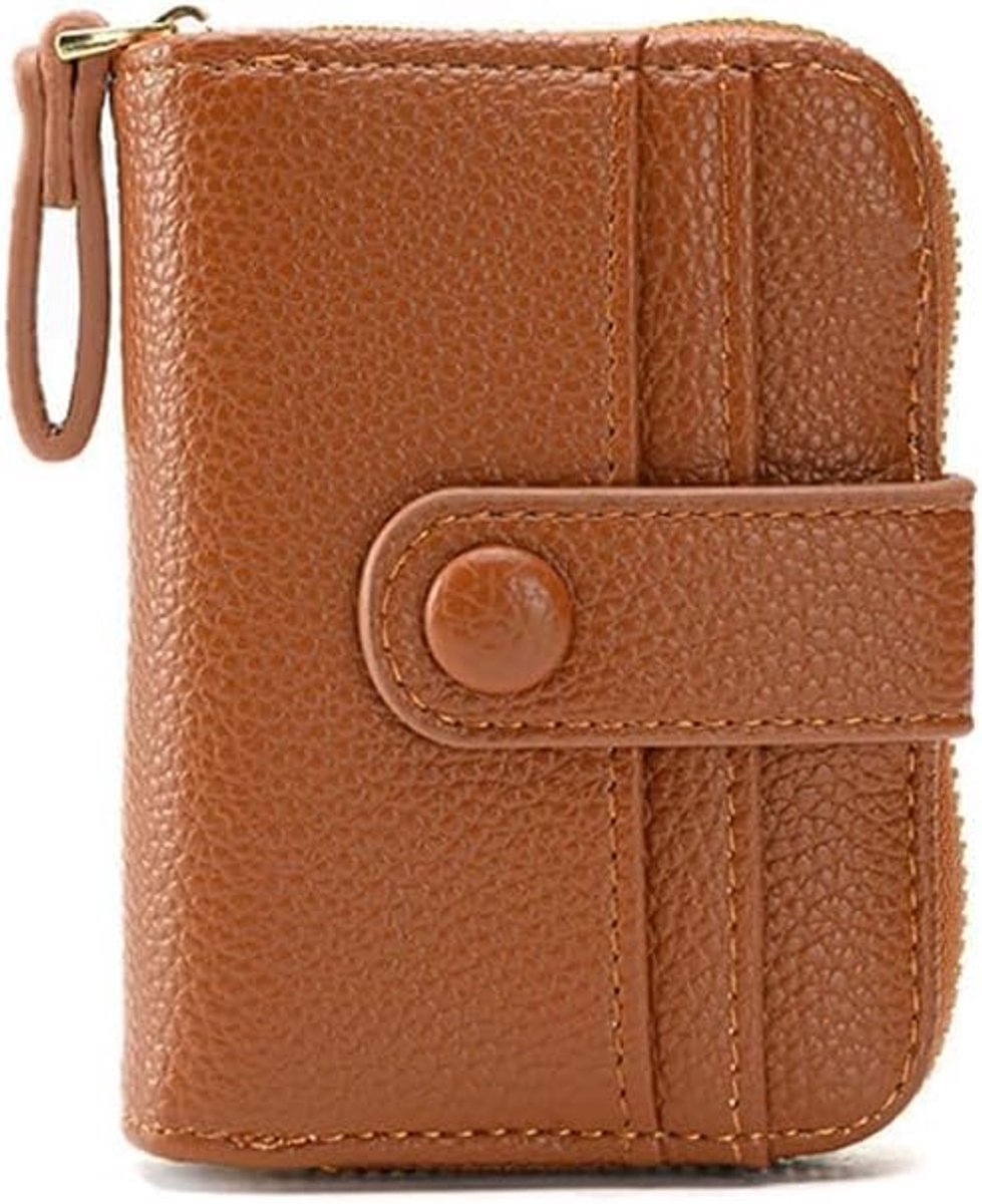Portemonnee dames compact - bruin leer - drukknoop en ritssluiting - ideaal voor dagelijks gebruik - ShopVlot