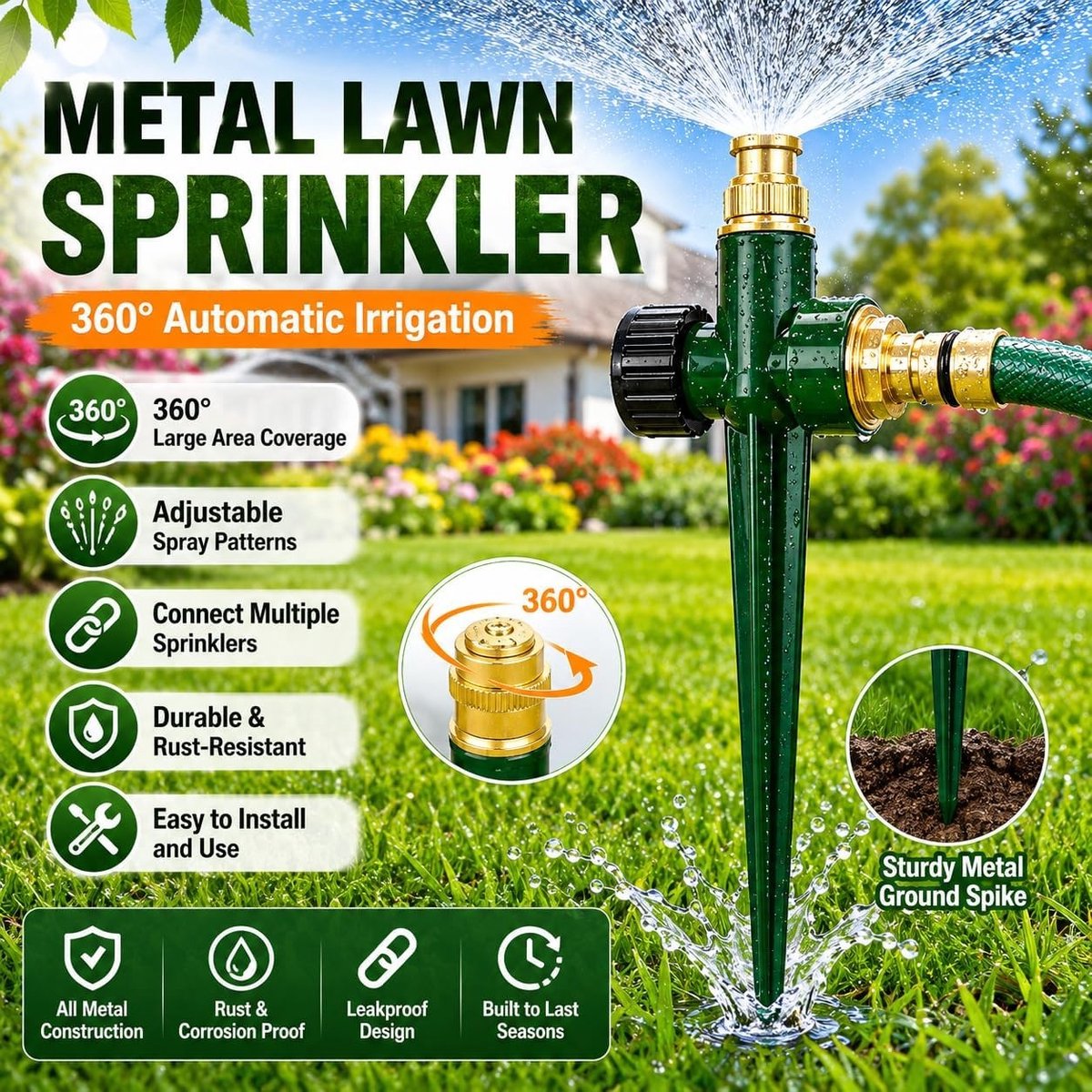 Metalen Gazonsproeier - Groen - 360 graden Verstelbare Messing Sproeikop - Voor Tuinirrigatie en Besproeiing van Grote Gebieden