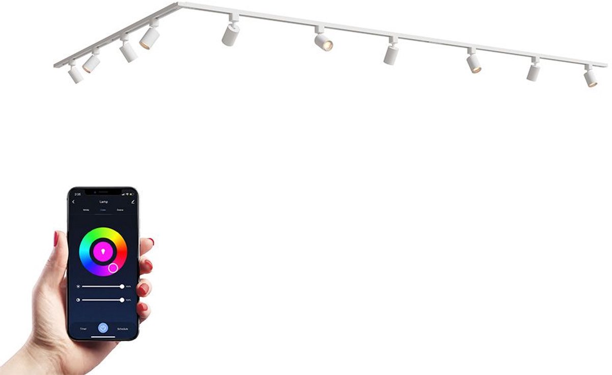 HOFTRONIC railverlichting pakket L-vorm – 5x 1 meter rail – 10x RGBWW GU10 railspots – dimbaar via app – aluminium wit – IP20 – modulair – 230V – slimme verlichting woonkamer keuken