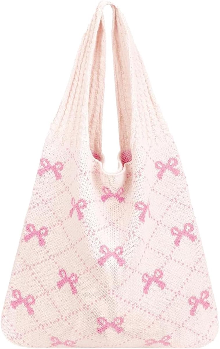 1 Piece Crochet Bag with Pink Bows, Aesthetic Crochet Bag, Bowknot Tote Bag for Students Lady Girls Shopping Daily - ShopVlot