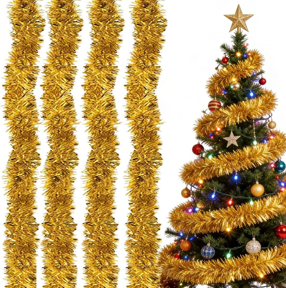 4 x Lametta Garland, Gold (2 m each), Extra Wide and Fluffy Christmas Tree Garland with Frost Peak Effect, Shiny - ShopVlot