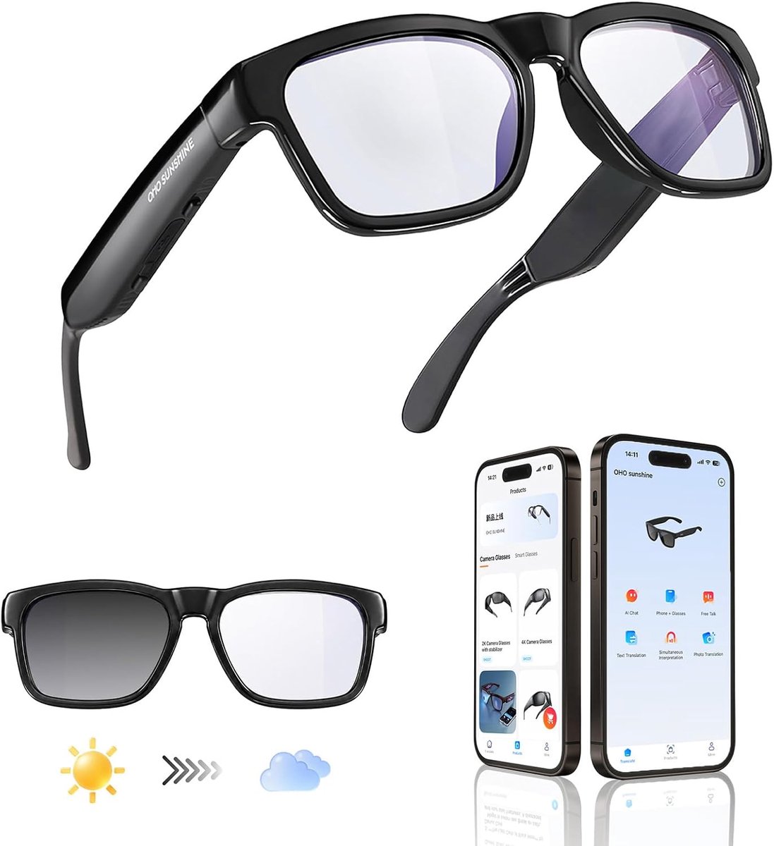 OhO Sunshsine AI Glasses, Bluetooth Audio Sunglasses with 10 Hours Playtime, Chat GPT Translation and Water Resistant - ShopVlot