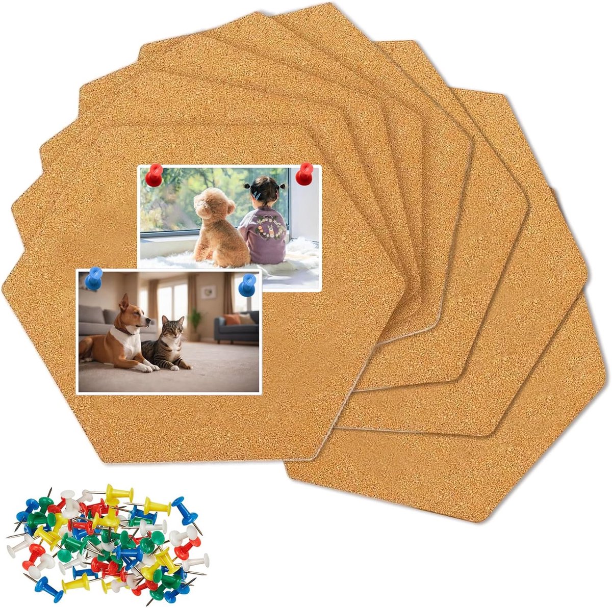 Corkbord set van 8 hexagonale borden - zelfklevend - met 40 kleurrijke prikpenningen - ideaal voor notes - ShopVlot