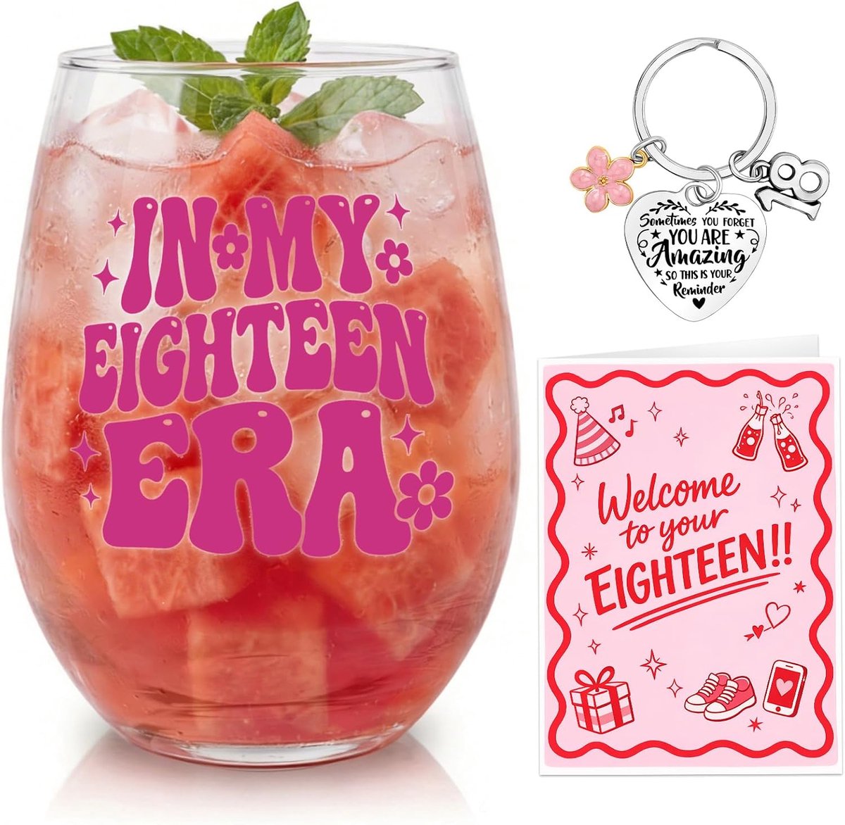 Stemless glas set voor 18e verjaardag - 16 oz kristal - met sleutelhanger en verjaardagskaart - ShopVlot