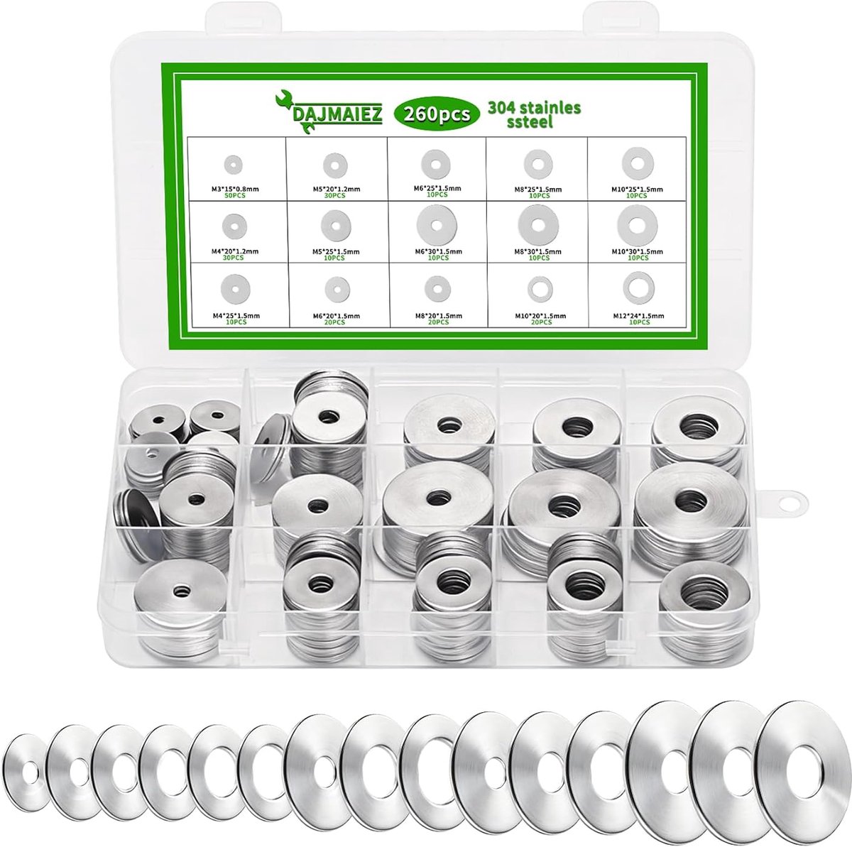 Washer Set 260pcs - RVS M3 M4 M5 M6 M8 M10 M12 - Corrosiebestendig - Voor een lange levensduur - ShopVlot