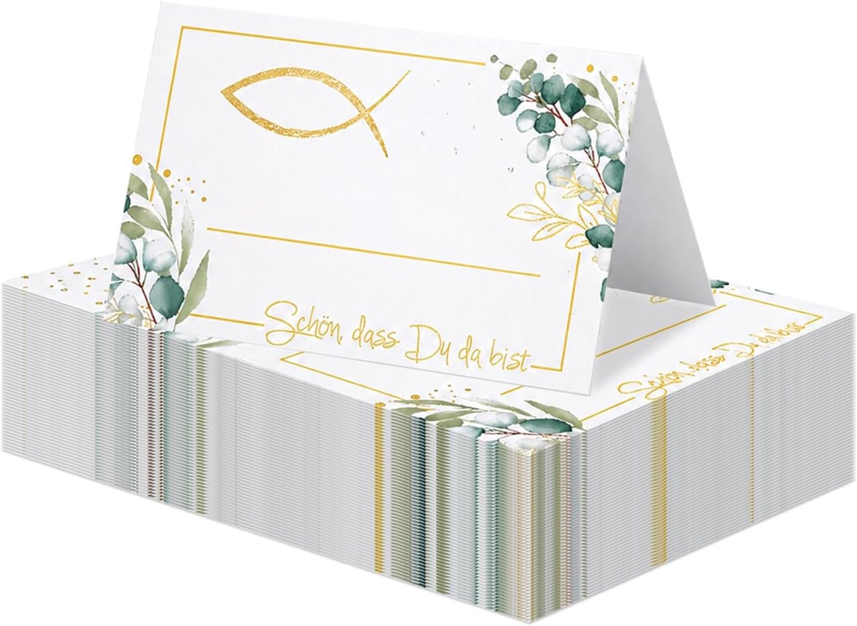 Tafelkaart houders 50 stuks - goud Ichthys symbool - eucalyptus design - elegant voor evenementen - ShopVlot