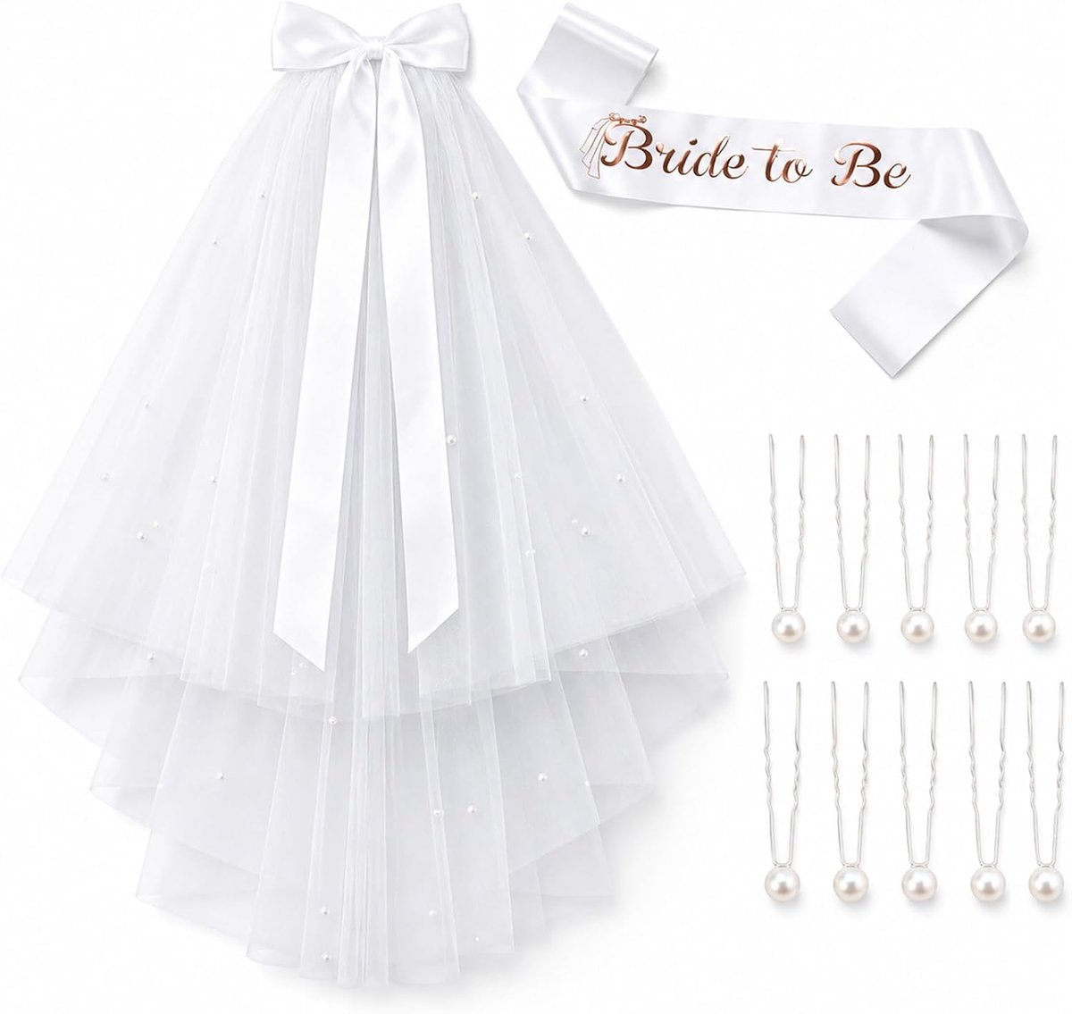12-delige set korte bruidssluier 23 inch - witte bruidssluier met riem - haarspelden met parels - ShopVlot