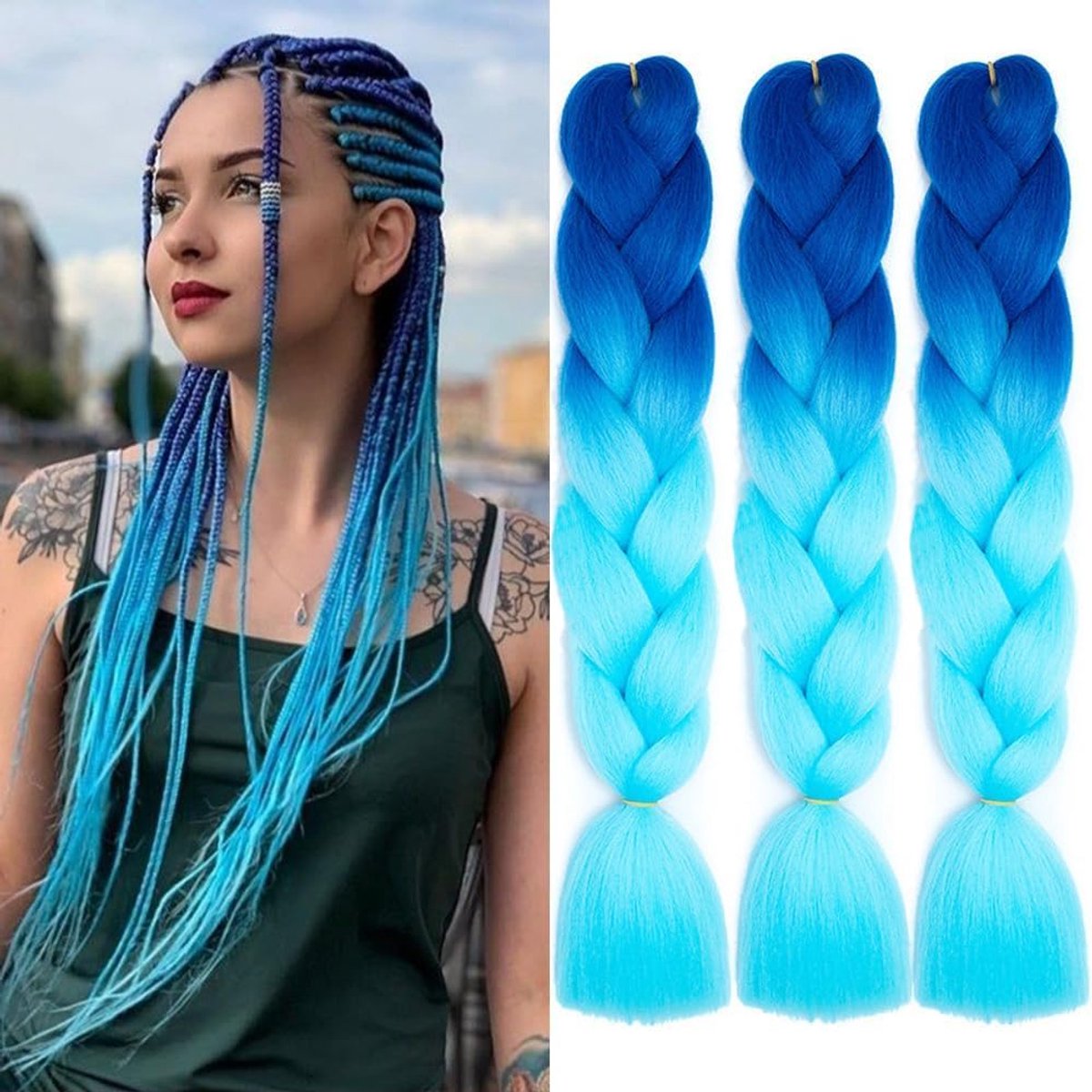 3 Piece Braid Synthetic Hair Easy Braids Pre-Stretched Braid Extensions Royal Blue/Sky Blue 24 Inch - ShopVlot