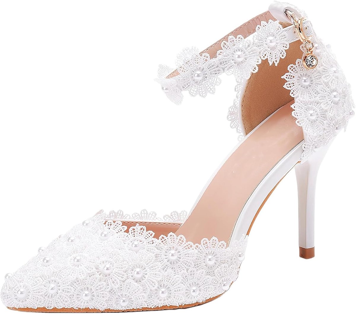 Hakken dames 9,5 cm - witte bloemenkant - elegante enkelbandjes - perfect voor bruiloften - ShopVlot