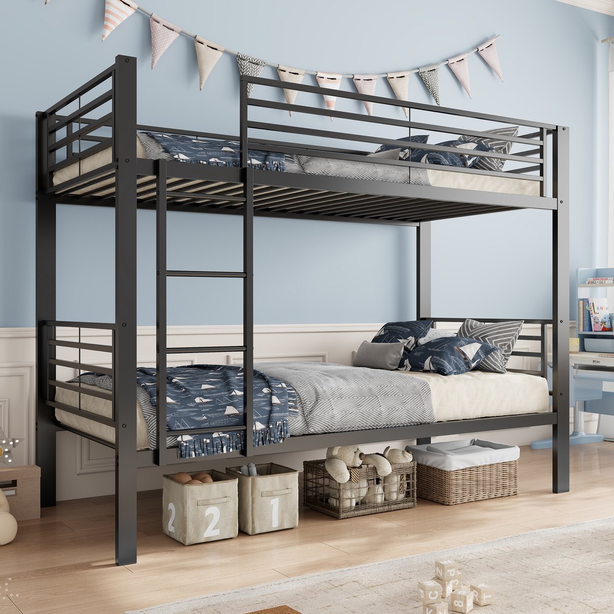 Hoogslaper Metaal 90x200 cm - Stapelbed Ombouwbaar Naar 2 Eenpersoonsbedden Met Leider Links/Rechts Zwart