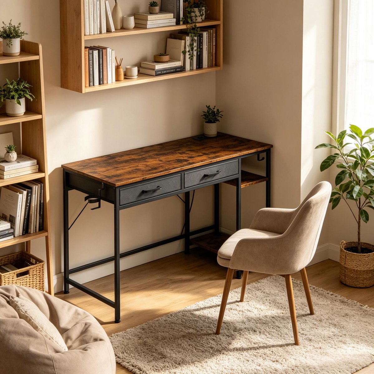 Bureau 120x51x75 cm - Computer Bureau Met 2 Lades, Stopcontacten, USB En Hoofdtelefoonhaak - Rustic Brown