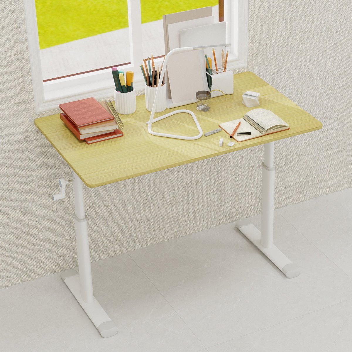 In hoogte verstelbaar Bureau 100x60 cm - Handmatig Draaibaar Kinder- en Volwassen Bureau Metaal Hout Wood