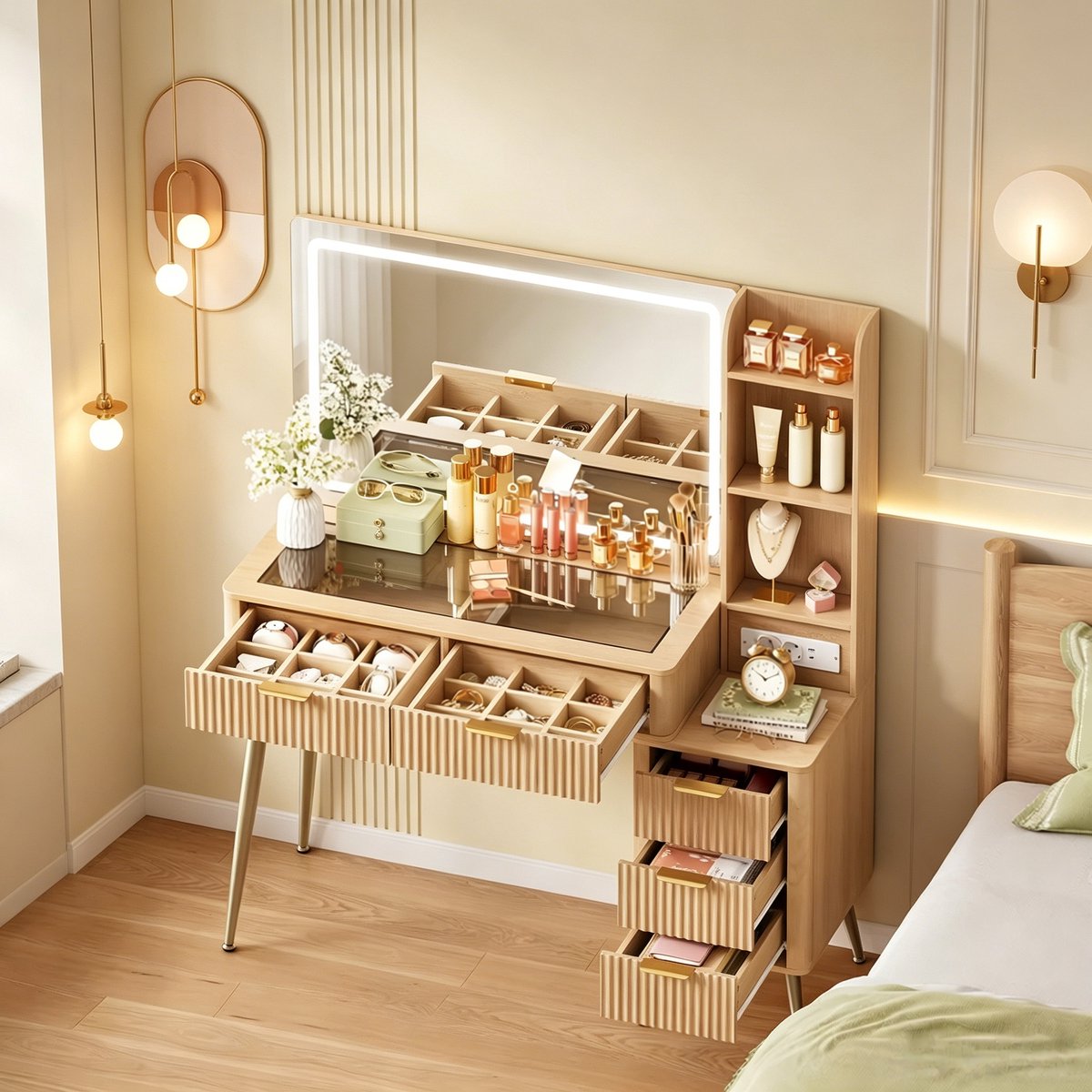 Make-up Tafel 117 cm Met Grote Spiegel LED Verlichting En Opbergruimte Hout