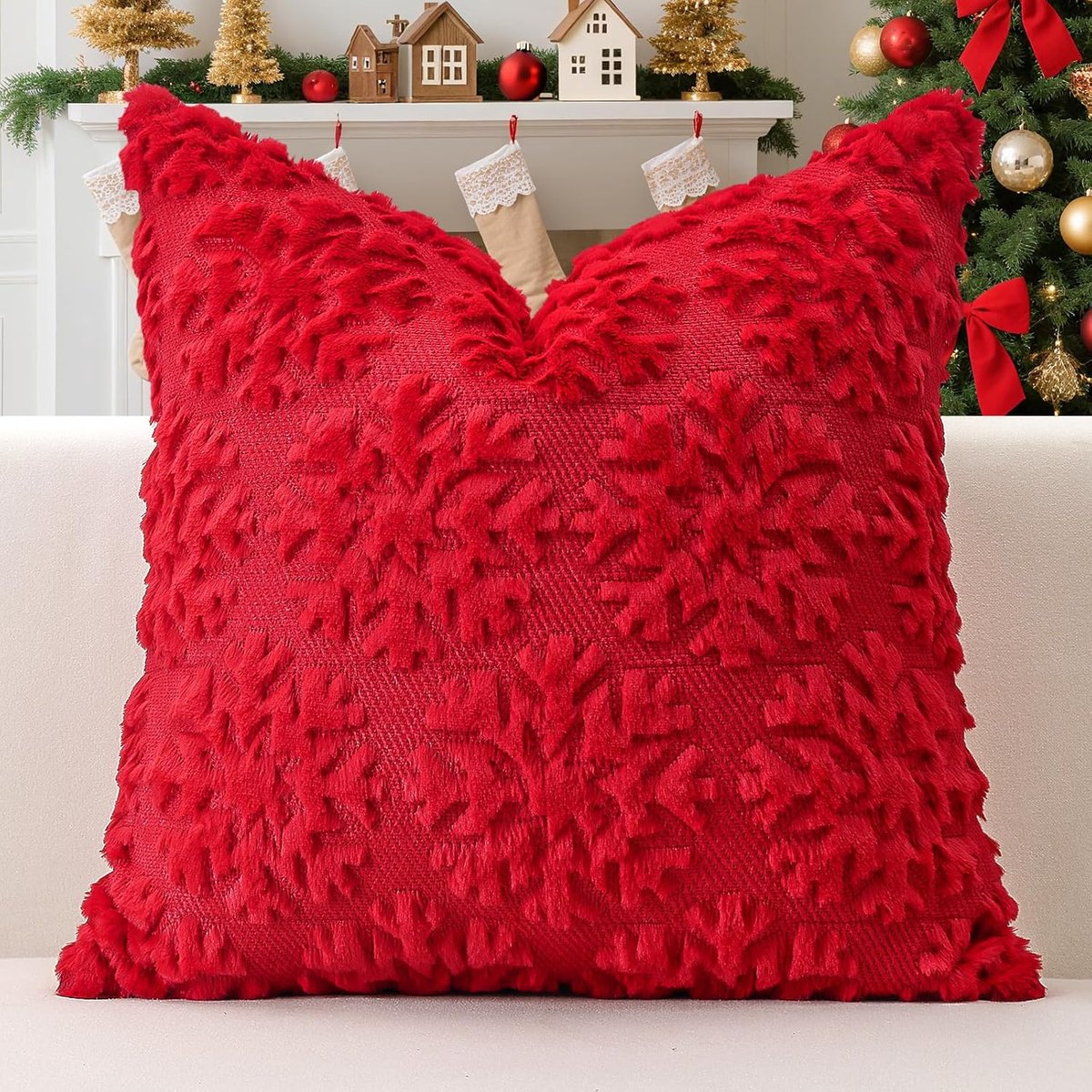 Decoratieve kussensloop 50x50cm - luxe zachte pluche wol - sneeuwvlok design - perfect voor sofa en slaapkamer - ShopVlot