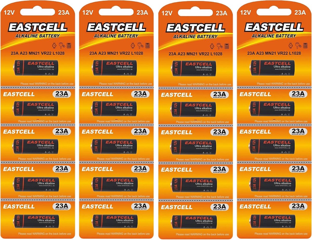 Eastcel 20 x 23A 12V (4 blister cards à 5 batteries) mercury-free alkaline batteries MN21, 23A, V23GA, L1028, A23 - ShopVlot