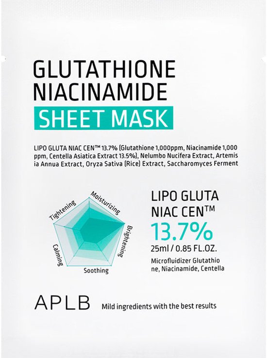 APLB Glutathione Niacinamide Sheet Mask verpakking met informatie over ingrediënten en voordelen.