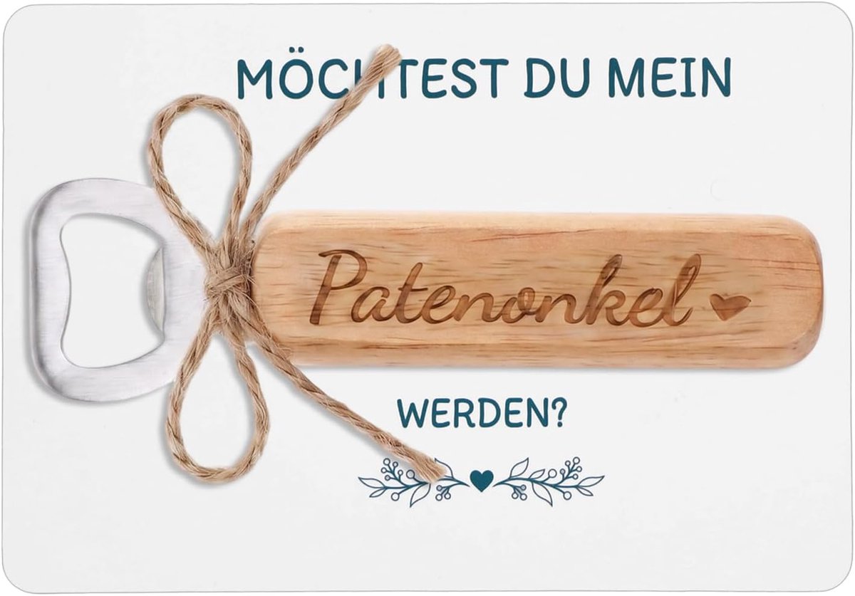 Patenonkel Vraagkaart met envelop, Möchtest Du Mein Patenonkel Werden, flesopener van hout, hart, dooppeer vragen - ShopVlot