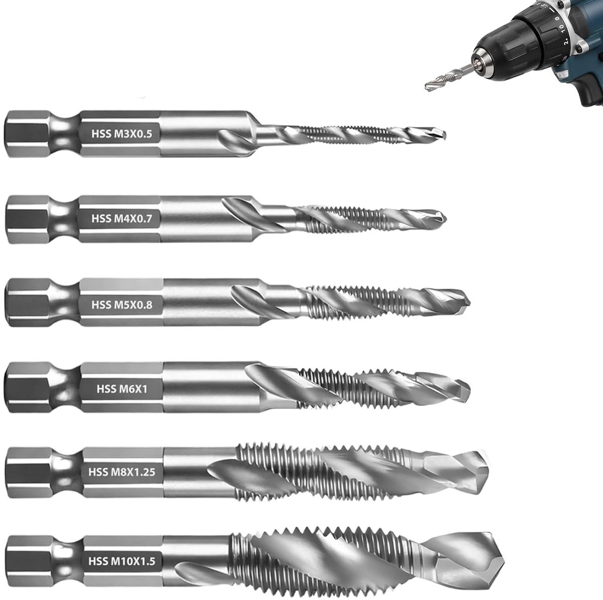 6-delige set combinatie-tap- en boorbits M3-M10, snelwisseltappen met zeskantschacht en roestwerende coating voor - ShopVlot