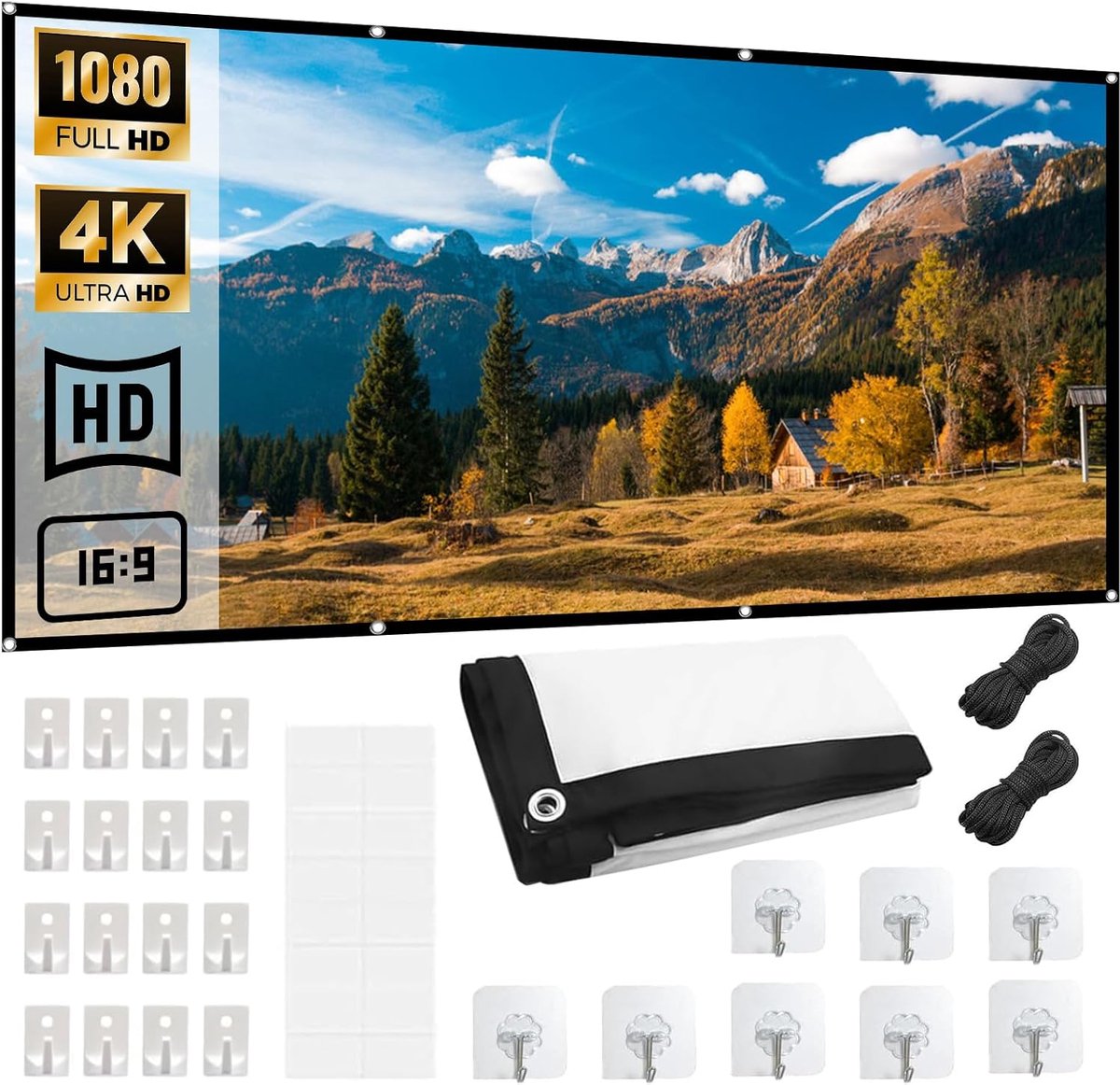 YYTECH Canvas beamer, 100 inch, opvouwbare draagbare beamer, 16:9 HD, anti-rimpelprojector, hoge resolutie voor - ShopVlot