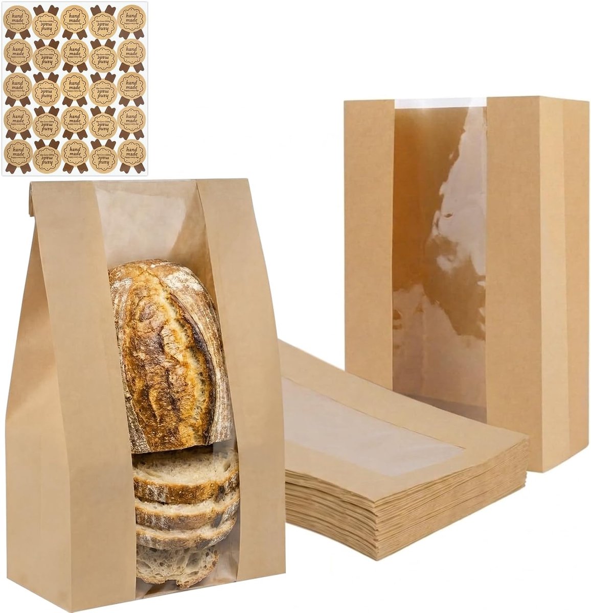 Extra grote zakken voor versgebakken brood - Kraftpapier met venster - Inclusief sluitstickers - ShopVlot