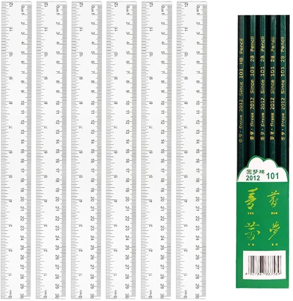 Set van 6 transparante linialen 30 cm - dubbele decimeter - met 5 potloden 2B - ideaal voor school en kantoor - ShopVlot