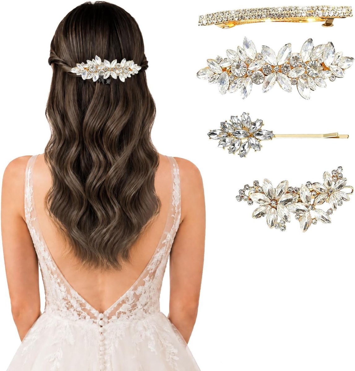 Haarspelden dames 4 stuks - gouden haarclips - strass en bloemblaadjesdesign - perfect voor bruiloft - ShopVlot