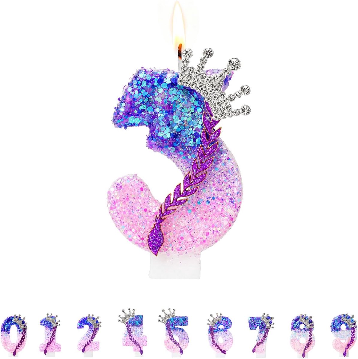 Cijferkaars Verjaardag 3 - Glitter Taartkaars Paars Roze - Kroon Vlecht Ontwerp - Elegante Taartdecoratie - ShopVlot