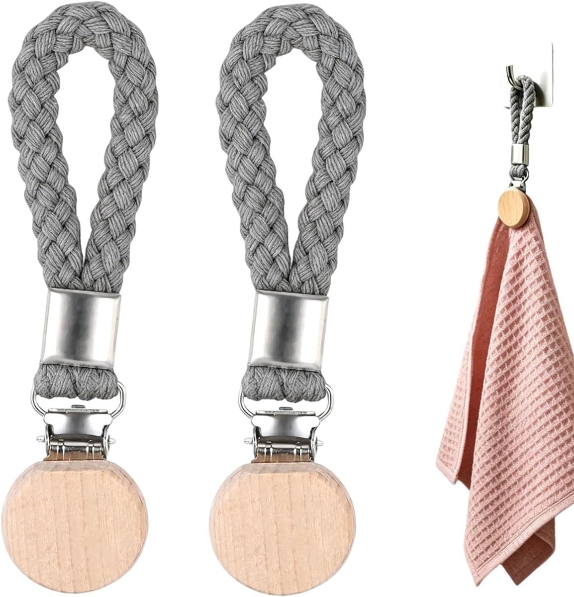 Handdoekclips 2 stuks - gevlochten katoen - robuuste metalen clips - veilig textiel bevestigen - ShopVlot