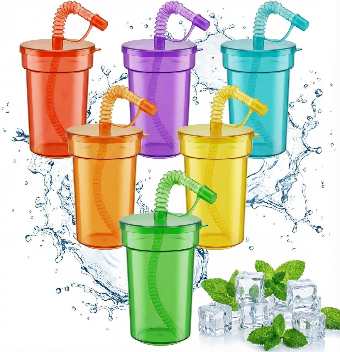 Herbruikbare Bekers 380ml - Met deksels en rietjes - BPA-vrij en kleurrijk - Ideaal voor feestjes - ShopVlot